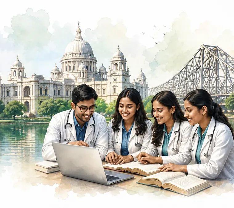 Medical students and a counsellor reviewing education options with Kolkata landmarks in watercolor style