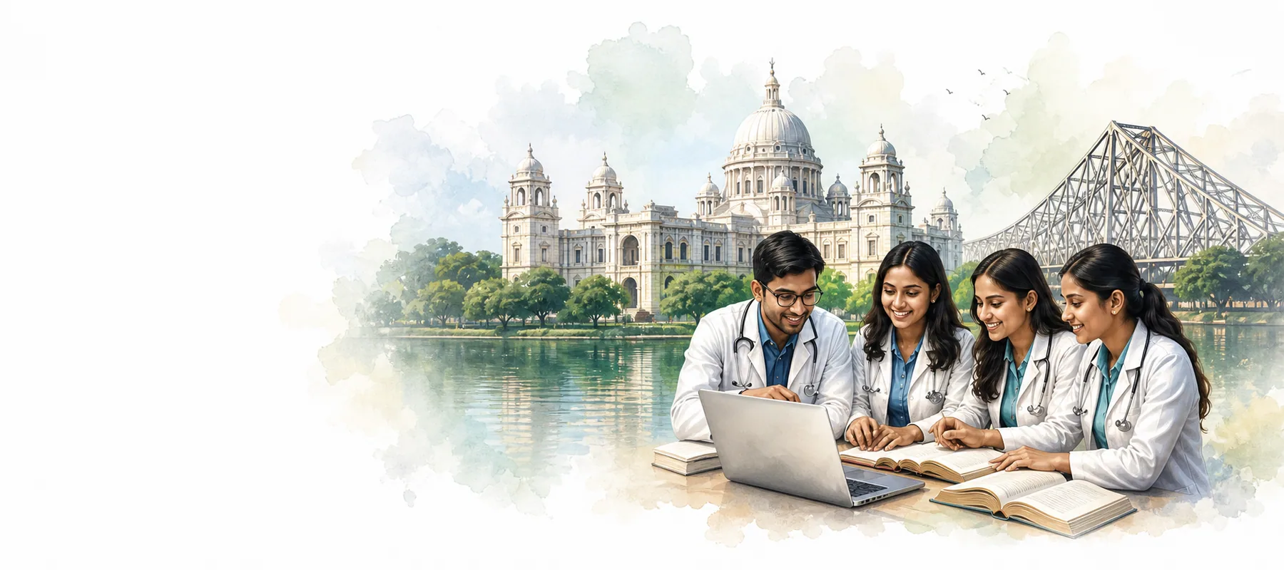 Medical students and a counsellor reviewing education options with Kolkata landmarks in watercolor style