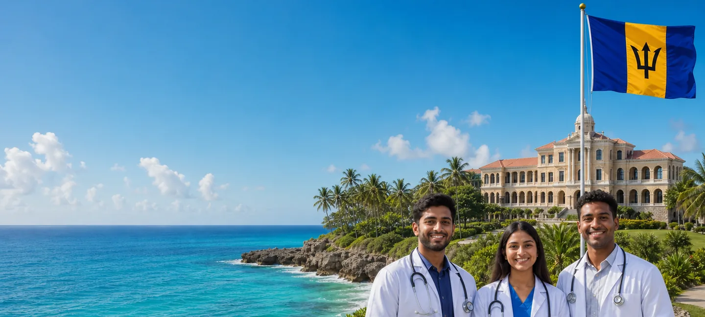 International medical students with a Barbados college campus, coast and national flag