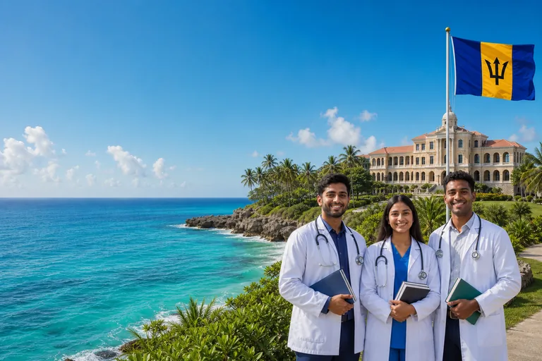 Medical students beside a Barbados college campus, coast and national flag